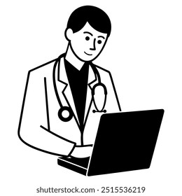 Um "Doutor na ilustração do vetor de silhueta do computador" normalmente representa um esboço simplificado, preto-e-branco de um profissional médico que trabalha em um computador. 