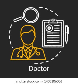 Doctor concept chalk icon. Medical treatment idea. Patient care. Examination of patient. Healthcare worker. Medical service. Vector isolated chalkboard illustration