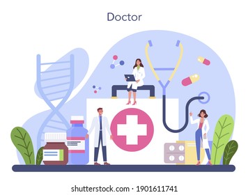 Doctor concept. Healthcare, modern medicine treatment, expertize and diagnostic. Medical specialist in the uniform. Medical consultation and recovery. Isolated vector illustration