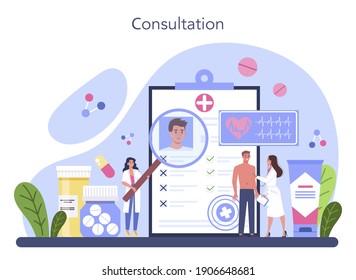 Doctor concept. Healthcare, modern medicine treatment, expertize and diagnostic. Medical specialist in the uniform. Medical consultation and recovery. Isolated vector illustration