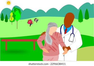 Doctor concept illustration. Doctors are heroes. Thanks hero, thanks doctor. Doctor and elderly patient get out of bed and walk around the park. Replaceable vector design. Vector illustration.