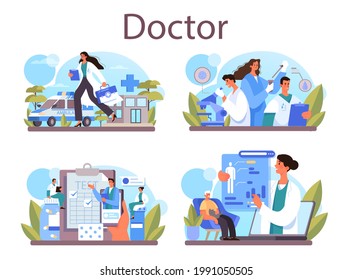 Doctor concept set. Medical specialist in the uniform. Healthcare, modern medicine treatment, expertize and diagnostic. Medicine consultation and patient recovery. Flat vector illustration