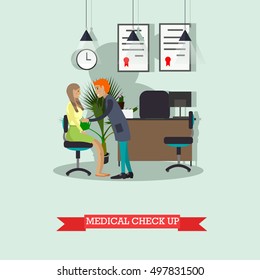 Doctor conduct patient medical check up. Doctor cabinet interior. Vector illustration in flat style. Design elements and icons.