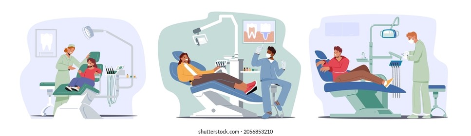 Doctor Conduct Teeth Caries Treating, Dentist Check Up or Treatment Procedure. Adult and Children Patients Lying in Medical Chair in Stomatologist Cabinet Feel Fear. Cartoon People Vector Illustration