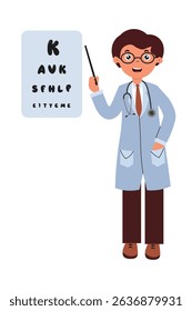 Doctor conducting an eye exam with a letter chart in a bright, cheerful clinic setting. Vector illustration in flat style isolated on white background.