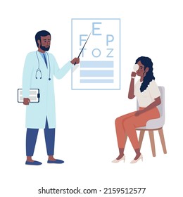 Doctor conducting vision exam semi flat color vector characters. Posing figures. Full body people on white. Simple cartoon style illustration for web graphic design and animation. Comfortaa font used