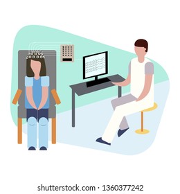 
The doctor conducts head diagnostics using electroencephalography. The activity of neurons is transmitted to a computer using electrodes.