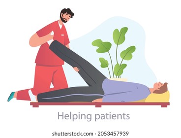 Doctor conducts lesson on bed. Woman lies on mattress, stretching her leg up, and man supports her. Physiotherapist, rehabilitation. Cartoon flat vector illustration isolated on white background