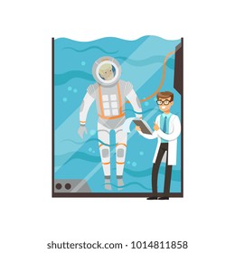 Doctor Conducts Medical Examination Of Astronaut. Cartoon Man Character Training In Glass Water Tank. Young Pilot Underwater In Spacesuit. Modern Technology. Flat Vector