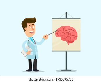 The Doctor Conducts A Seminar About The Human Brain. Poster With Brain Structure. Training Medical Students, Interns. Vector Illustration, Flat Design, Cartoon Style, Isolated Background. 