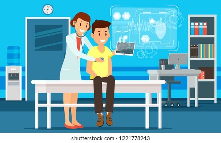 The doctor conducts a survey using the tablet and shows the result on the hologram