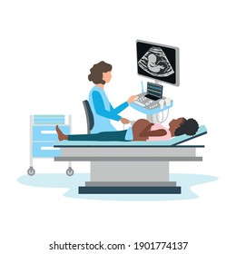 The doctor conducts an ultrasound examination of a pregnant woman in the office. A black pregnant woman lies on a couch in an ultrasound office. Medical technologies. Vector illustration isolated.