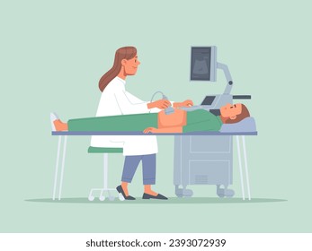 Doctor conducts an ultrasound examination of a pregnant woman. Vector illustration in flat style