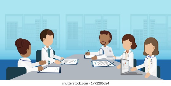 Doctor conference concept with group of doctors discuss flat design vector illustration