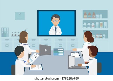 Doctor conference concept with group of doctors discuss flat design vector illustration