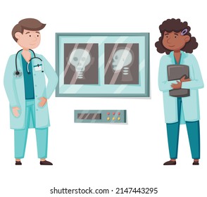 Doctor conference concept with therapist and physician discuss human head x-ray at meeting in clinic. Professional mdics discussing treatment plan for patient, diagnose and prescribe treatment