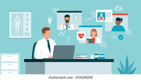 Doctor connecting online and talking with other healthcare professionals on a video conference call, virtual medical conference and telemedicine concept