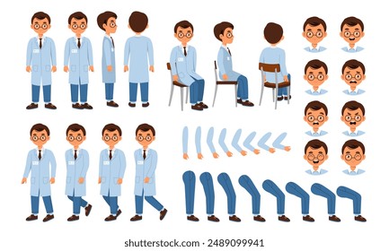 El constructor del doctor. Hombre en uniforme médico. Adulto en diferentes poses y ángulo de visión. Pack de piernas, brazos y cabezas para crear animación. Salud y medicina. Colección de Vector plano