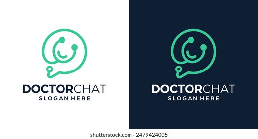 Doctor consult logo design template. Chat bubble logo design and stethoscope with line style model design graphic vector. Symbol, icon, creative.