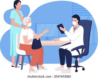 Doctor consultation 2D vector isolated illustration. Visit to physician. Health diagnostics. General practitioner with patients flat characters on cartoon background. Medical care colourful scene