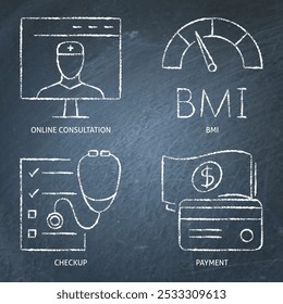 Doctor consultation chalkboard icon set. Telemedicine, medical checklist, BMI scale, payment symbols. Vector illustration