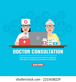 Doctor consultation concept design flat. Young female professional doctor consults an elderly female patient. Vector illustration