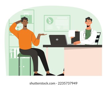 Doctor consultation concept. Man came to see specialist. Diagnosis and selection of optimal treatment method. Health care and regular checkups. Poster or banner. Cartoon flat vector illustration