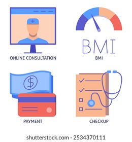 Doktor Beratung flachen Icon-Set. Telemedizin, medizinische Checkliste, BMI-Skala, Zahlungssymbole. Vektorgrafik