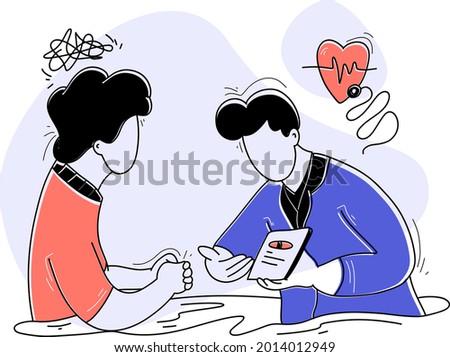 Doctor Consultation flat illustration concept Medical Care, handwriting style, perfect for landing pages, templates, UI, web, mobile app, posters, banners, flyers, development. vector