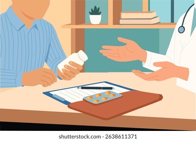 Doctor Consultation on Medication – Vector Illustration of Patient and Physician Discussion with Pills and Prescription