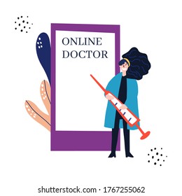 Doctor consultation online app concept. Cartoon hand drawn design. Medical illustration.