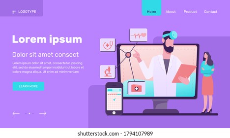 Doctor consultation online. Physician, analysis, prescription flat vector illustration. Medicine and healthcare concept for banner, website design or landing web page