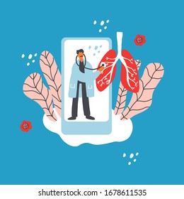Doctor consultation online. Doctor treat coronavirus lungs. Cartoon hand drawn design. Medical illustration. Lungs health check flat illustration