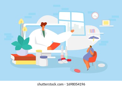 Doctor consultation online vector illustration. Cartoon physician character advising, consulting tiny sad woman patient, using video app computer doctoral service. Mobile distance healthcare medicine