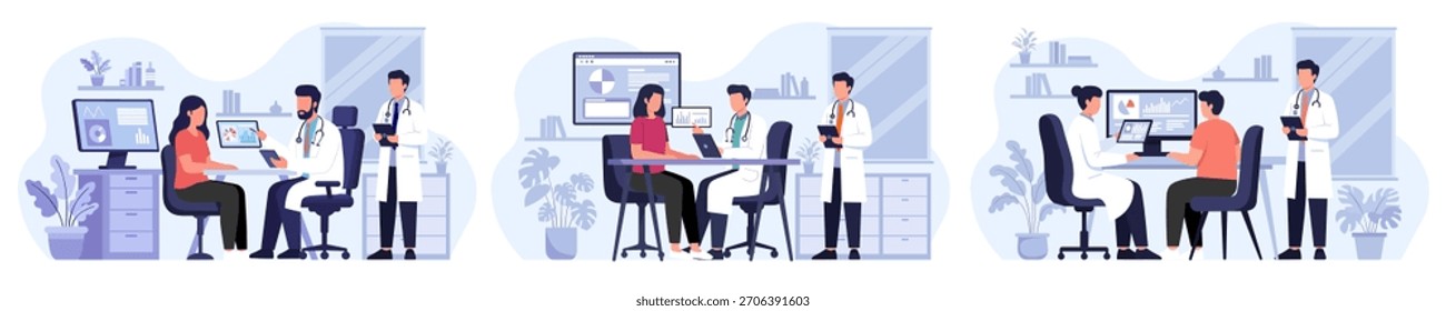 Conjunto de Vectores de consulta médica: pacientes que discuten los resultados médicos en la clínica