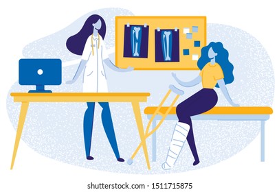 Doctor Consulting Girl With Gypsum On Leg At Hospital Flat Cartoon Vector Illustration. Woman Talking To Patient With Trauma And Showing Xray Picture With Problems. Broken Bones, Injury.