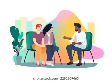 Doctor consulting LGBT couple of women in medical clinic with rainbow background. Medicine health care for lesbian people concept. Professional talks with transgender patients, bisexual family