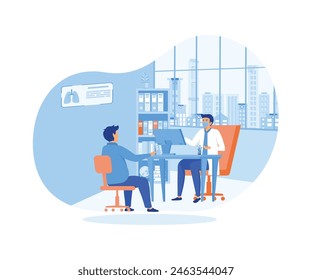 Doctor in consulting man patient. Physycian sitting at the desk with monitor. Family therapist, health care, clinic workspace concept. flat vector modern illustration 