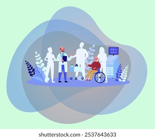 Doctor consulting man in wheelchair vector illustration. Empty silhouettes of healthcare workers carrying and treating patients. Health workforce shortage, recruiting problem, medicine concept