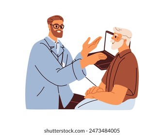 Doctor consultando a anciano, paciente anciano. Persona mayor durante la cita médica, hablando de la salud con el médico en la clínica. Atención geriátrica. Ilustración vectorial plana aislada sobre fondo blanco