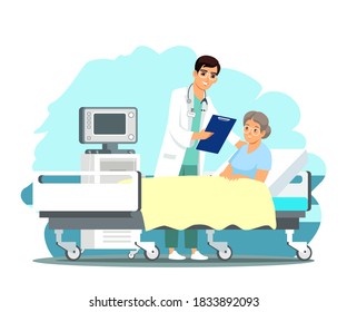 Doctor Consulting Old Patient In Hospital. Health Care Vector Illustration. Man Doing Checkup Consultation In Clinic, Unwell Woman Sitting In Bed. Staying At Ward, Receiving Treatment.