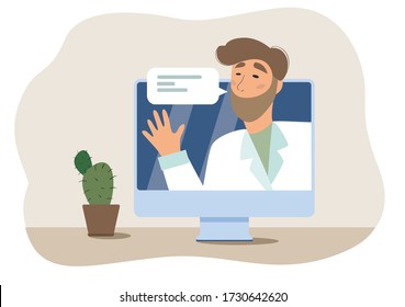 Doctor consulting online computer home. Isolated flat vector illustration. Computer monitor with men doctor giving advice to patient online. Tele medicine and health care concept. COVID-19, quarantine