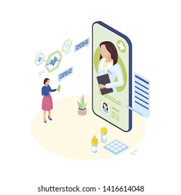 Doctor consulting online isometric illustration. Ill patient explaining  symptoms to remote medical specialist cartoon character. Female general practitioner video conference with sick client