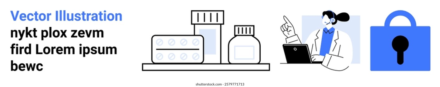 Doctor consulting online using a laptop medicine bottles and a padlock symbolize healthcare login security. Ideal for online health services telemedicine data security health consulting and digital