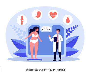 Doctor Consulting Overweight Girl, Flat Vector Illustration. Cartoon Tiny Woman With Diabetes Standing On Scales. Fat Problem, Health And Obesity Concept