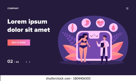 Doctor consulting overweight girl flat vector illustration. Cartoon tiny woman with diabetes standing on scales. Fat problem, health and obesity concept