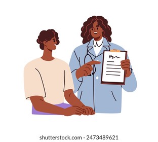 Doctor consulting patient at appointment. Health counseling with professional physician. Practitioner talking to man, showing medical document. Flat vector illustration isolated on white background