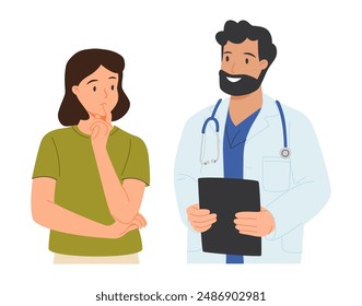 El médico consulta al paciente en la cita. Asesoramiento de salud con un médico profesional. Practicante hablando con mujer, mostrando documento médico. Ilustración vectorial plana aislada sobre fondo blanco