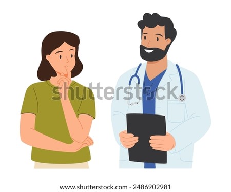 Doctor consulting patient at appointment. Health counseling with professional physician. Practitioner talking to woman, showing medical document. Flat vector illustration isolated on white background