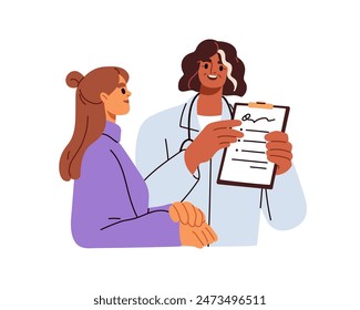 Doctor consultando al paciente. Consulta médica bajo prescripción médica. Practicante con documento, Portapapeles hablando sobre tratamiento de salud. Ilustración vectorial plana aislada sobre fondo blanco